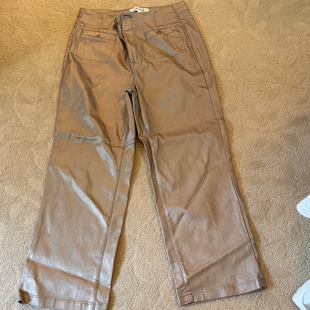 CHARLIE B Metallic Brown Boot-Flare Faux Leather Pants